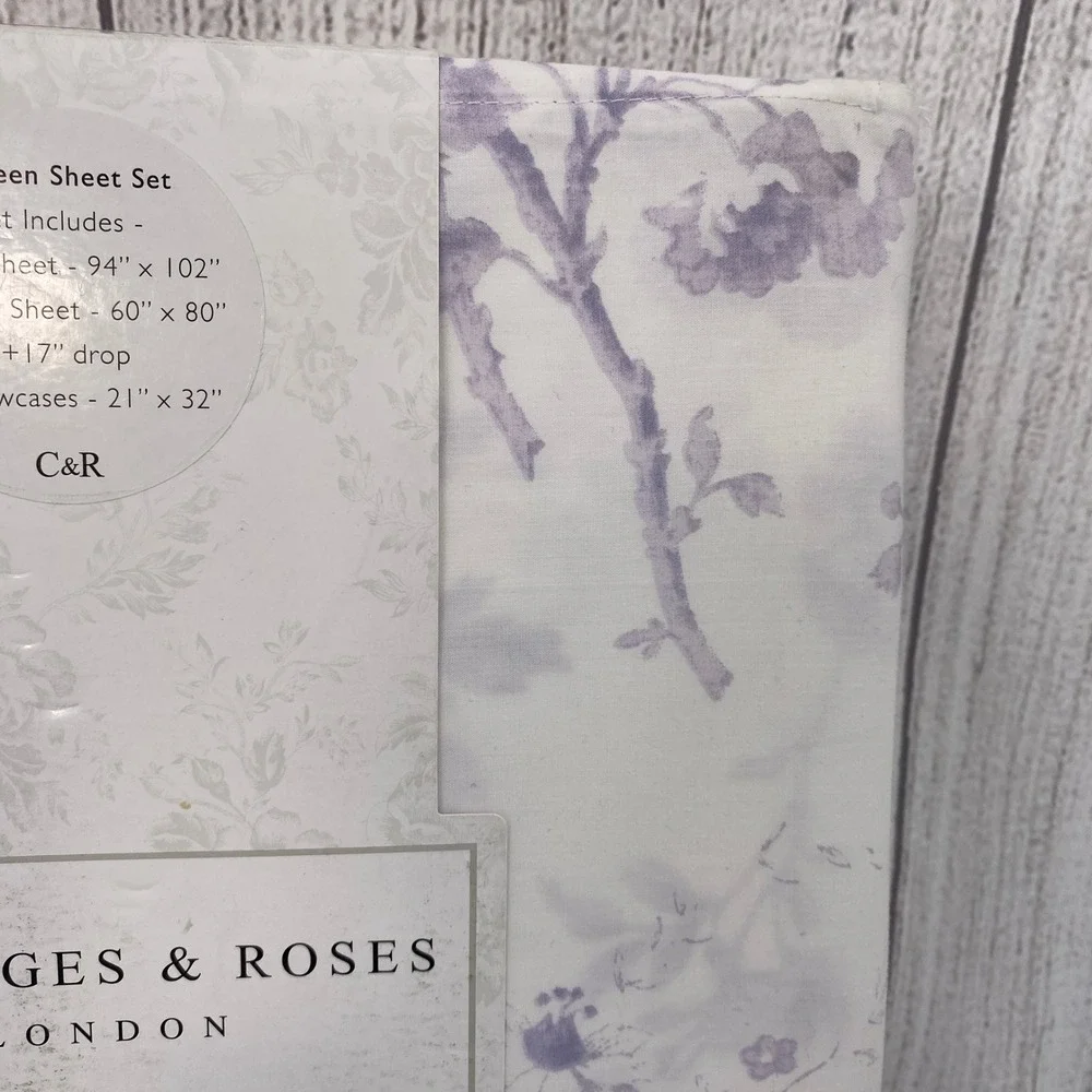 Cabbages & Roses Sheet Set Queen Alderney Lilac Floral 100% Cotton Percale